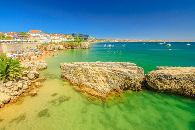 Scenic view of bay against clear blue sky