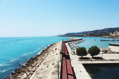 Scenic view of sea against clear blue sky