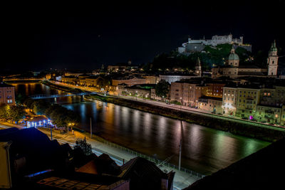 Illuminated bridge over river by buildings in city at night