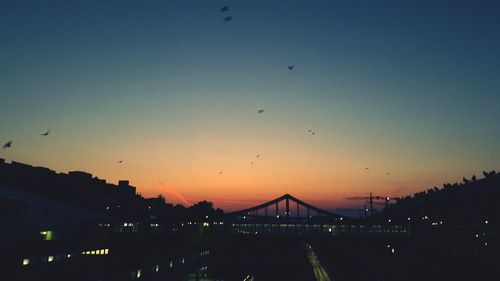 Silhouette birds flying against clear sky during sunset