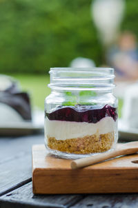 Close-up of dessert served on table