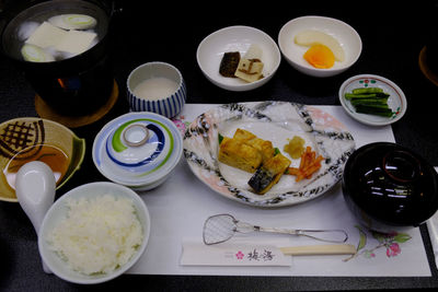 High angle view of breakfast on table