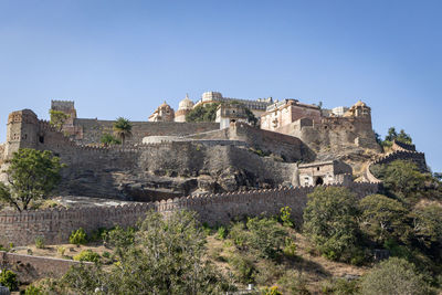 Ancient fort ruins with bright blue sky from unique perspective at morning