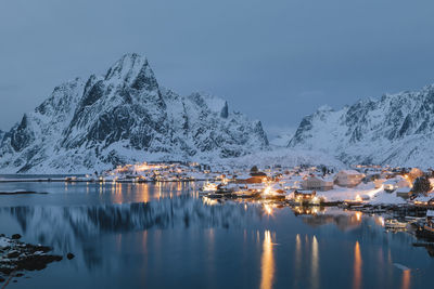 Scenic view of snowcapped mountains against sky during winter