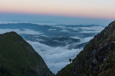 High angle view of mountains against sky during sunset