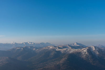 Scenic view of dramatic landscape against clear blue sky