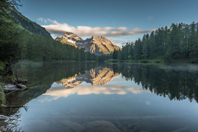 Scenic view of trees and mountains reflection in lai da palpuogna