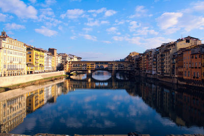 Reflection of buildings and arch bridge in canal