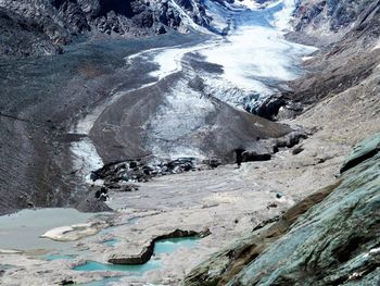 High angle view of water and rock formations at grossglockner during winter