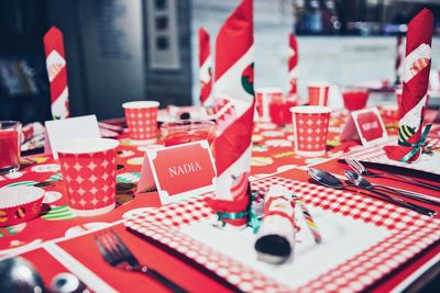 Close-up of eating utensils on table