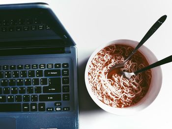 High angle view of laptop on table