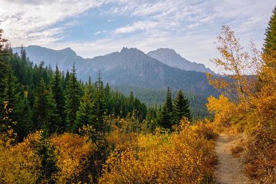 Scenic view of mountains against sky during autumn