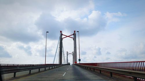 View of suspension bridge against cloudy sky