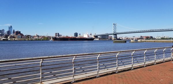 View of suspension bridge in city