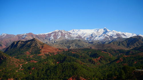 Scenic view of mountains against clear blue sky