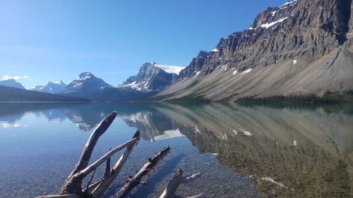 Scenic view of lake by snowcapped mountains against sky