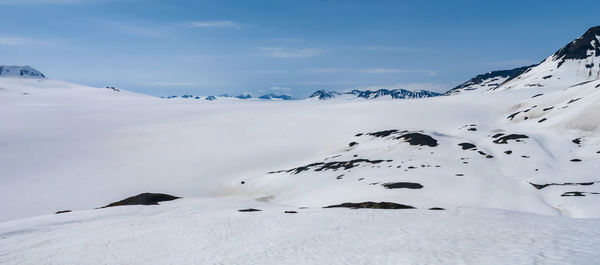 Scenic view of snow covered mountain against sky