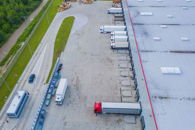 Aerial view of goods warehouse. logistics center in industrial city zone from above. aerial view