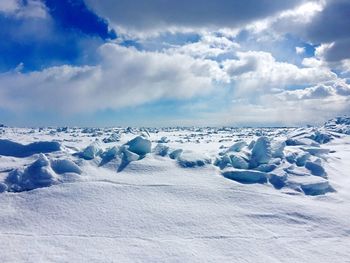 Snow covered landscape against sky