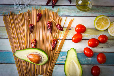 High angle view of fruits on table