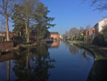 Scenic view of lake by buildings against blue sky