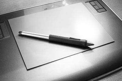 High angle view of pen on table