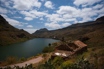 High angle view of lake amidst mountains against sky