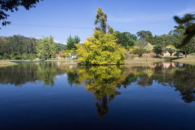 Scenic view of lake by trees against sky