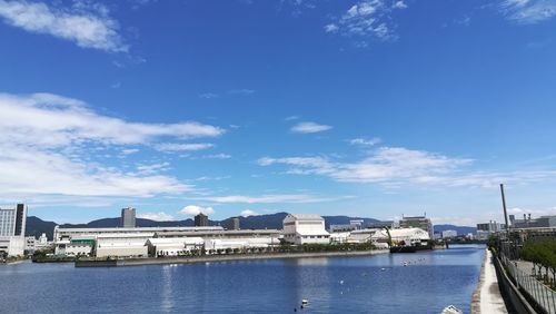 View of buildings at waterfront against cloudy sky