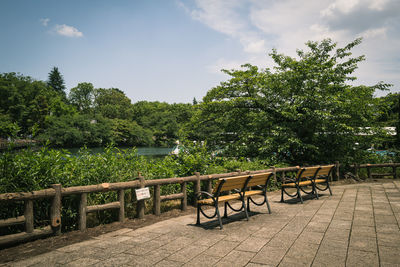 Table and trees by plants against sky