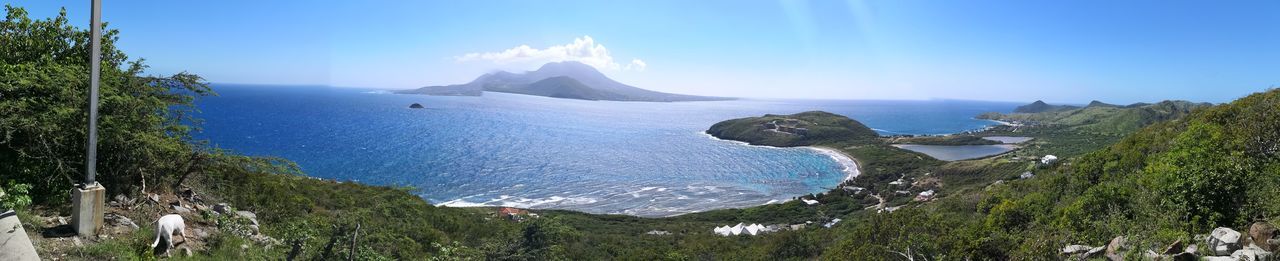 Panoramic view of sea and mountains against sky