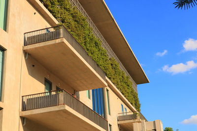 Low angle view of balconies of  the apartment against sky,  residential building concept. 