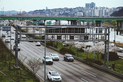 High angle view of cars on road in city