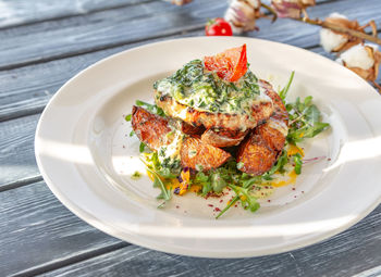 High angle view of salad in plate on table