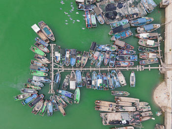 High angle view of boats moored in river