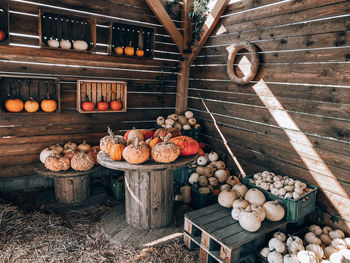 View of pumpkins on wood