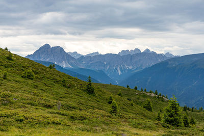 Scenic view of mountains against cloudy sky