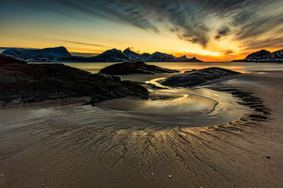 Scenic view of beach against dramatic sky