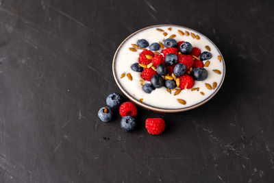 High angle view of breakfast in bowl on table