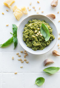 Fresh made pesto sauce. green basil pesto. ingredient for pesto sauce