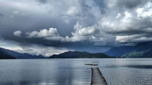 Scenic view of lake against cloudy sky