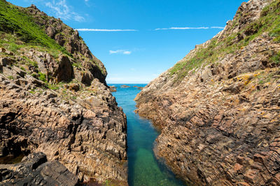 Scenic view of rocks in sea against sky