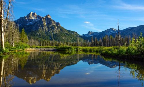 Scenic view of lake and mountains against sky