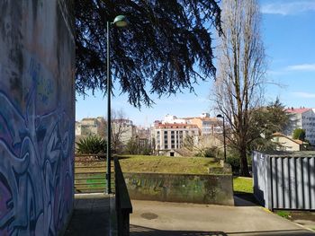 Trees and buildings against sky