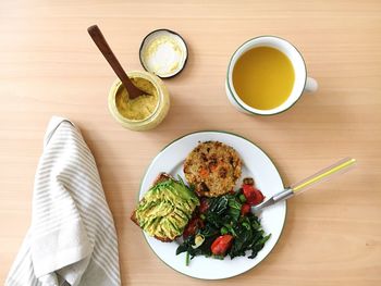 Directly above shot of breakfast served on table