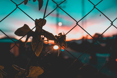 Close-up of silhouette barbed wire fence against sky during sunset