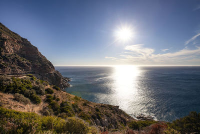 Scenic view of sea against bright sun