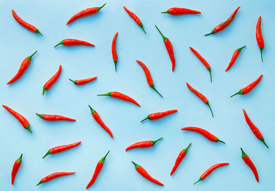 High angle view of red chili peppers