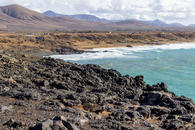 Panoramic view at the coastline of el cotillo on canary island fuerteventura, spain