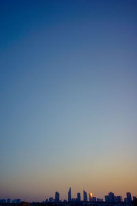 Buildings in city against clear sky during sunset